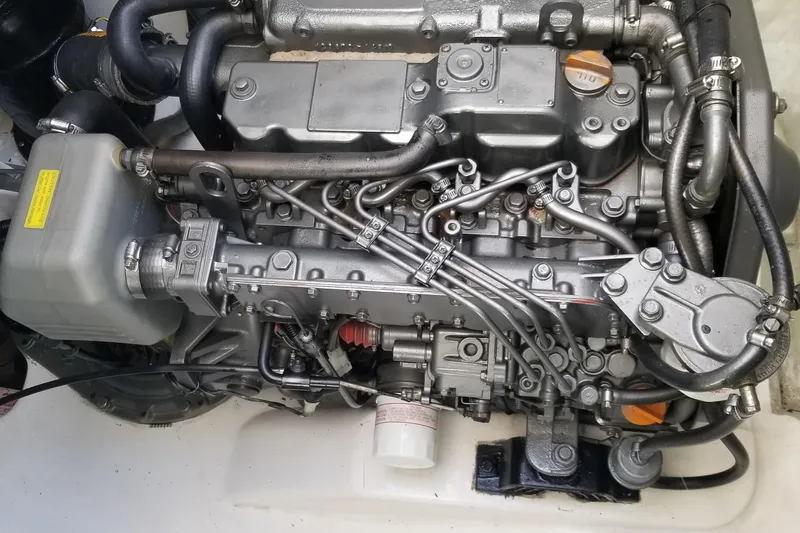 Zumbrota Yacht Photos Pics Engine of a 2014 Leopard 48 yacht, showcasing intricate mechanical components.