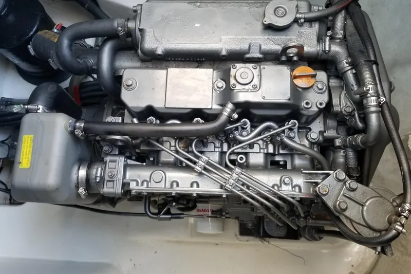 Zumbrota Yacht Photos Pics Engine of a 2014 Leopard 48 yacht, showcasing intricate mechanical components.