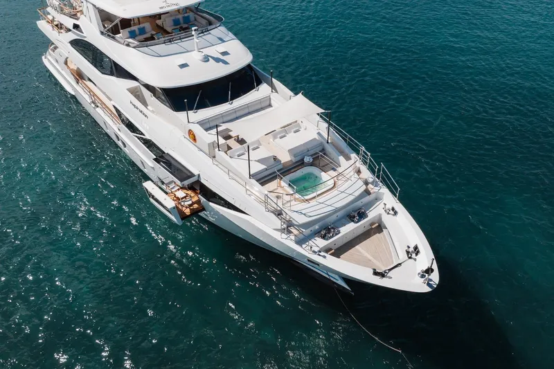 Inspiration Yacht Photos Pics Luxurious 2018 Benetti Fast 125 yacht with jacuzzi, cruising in clear blue waters.