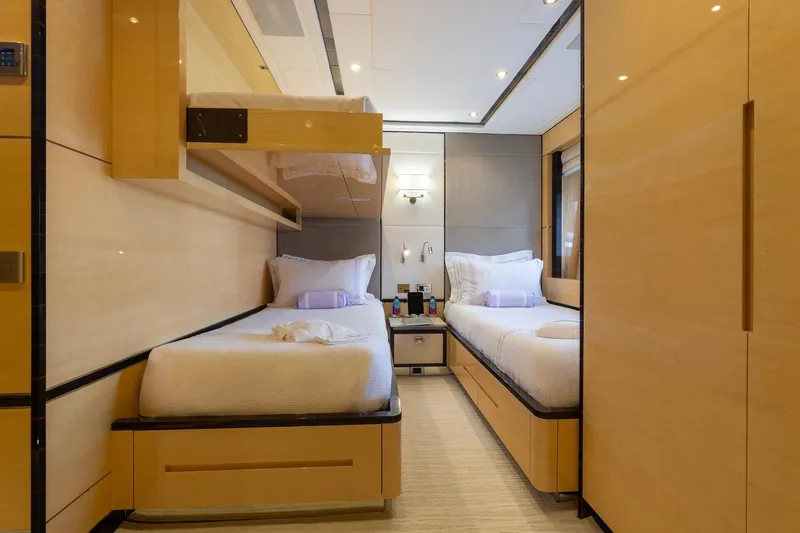 Inspiration Yacht Photos Pics Luxurious twin cabin interior on 2018 Benetti Fast 125 yacht, featuring modern design and cozy beds.