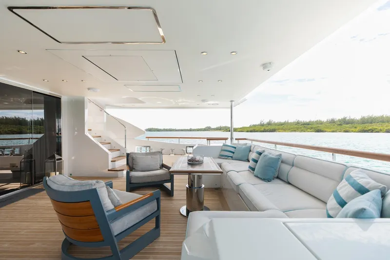 Inspiration Yacht Photos Pics Luxurious 2018 Benetti Fast 125 yacht deck with elegant seating and scenic water views.