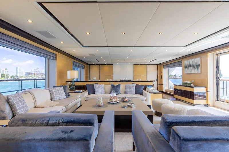 Inspiration Yacht Photos Pics Luxurious interior of 2018 Benetti Fast 125 yacht with elegant seating and panoramic windows.