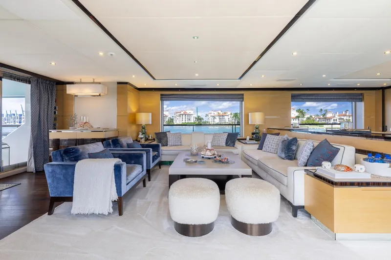 Inspiration Yacht Photos Pics Luxurious interior of 2018 Benetti Fast 125 yacht with elegant seating and large windows.