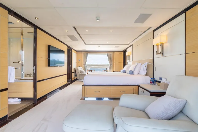 Inspiration Yacht Photos Pics Luxurious interior of 2018 Benetti Fast 125 yacht, featuring elegant bedroom and modern amenities.