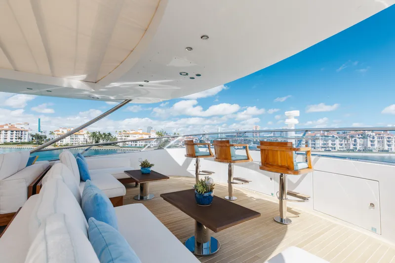 Inspiration Yacht Photos Pics Luxurious 2018 Benetti Fast 125 yacht deck with seating, ocean view, and clear blue sky.