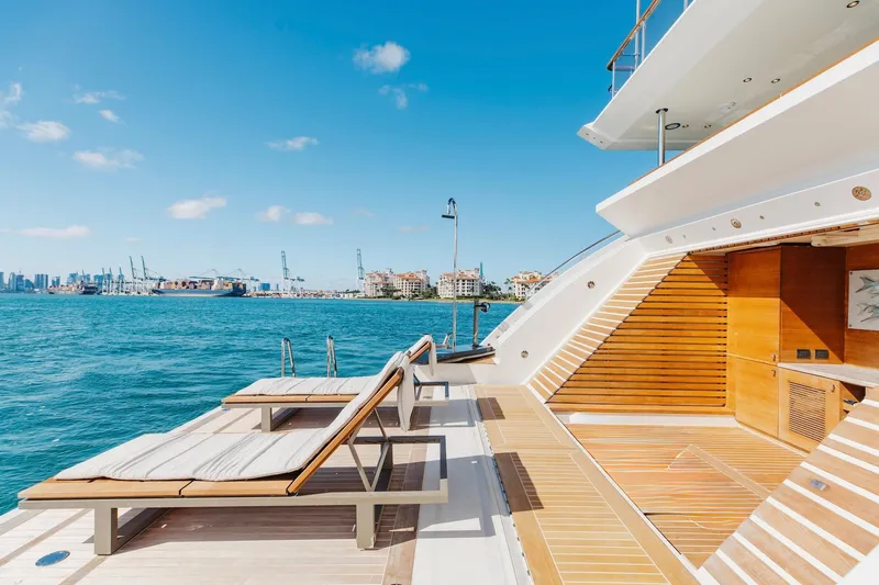 Inspiration Yacht Photos Pics Luxurious 2018 Benetti Fast 125 yacht deck with sun loungers and ocean view.