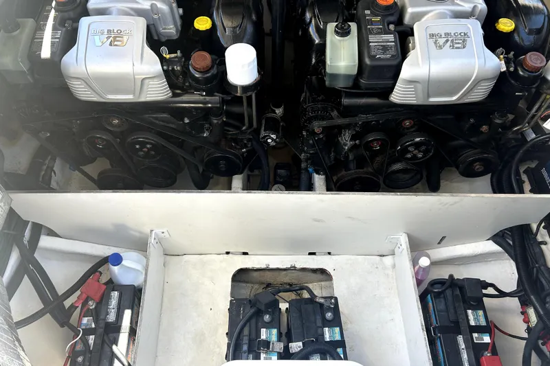  Yacht Photos Pics Engine compartment of a 2016 Sea Ray 350 SLX with dual V8 engines.
