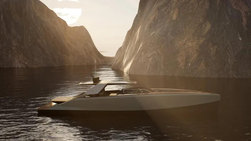  Yacht Photos Pics 2025 SAY Carbon Yachts 52 cruising through a serene canyon at sunset.