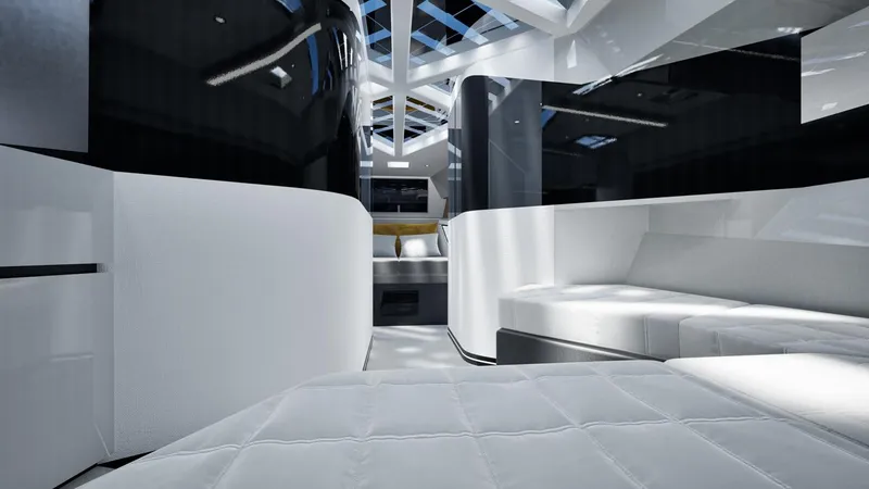  Yacht Photos Pics Luxurious interior of the 2025 SAY Carbon Yachts 52 with modern white seating.