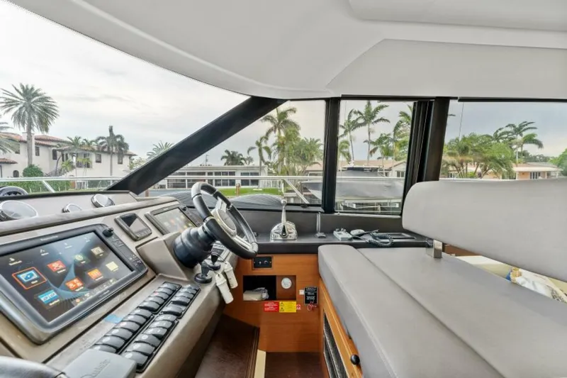 Never Enough Yacht Photos Pics Interior view of 2013 Prestige 550 Flybridge yacht cockpit with modern controls and seating.