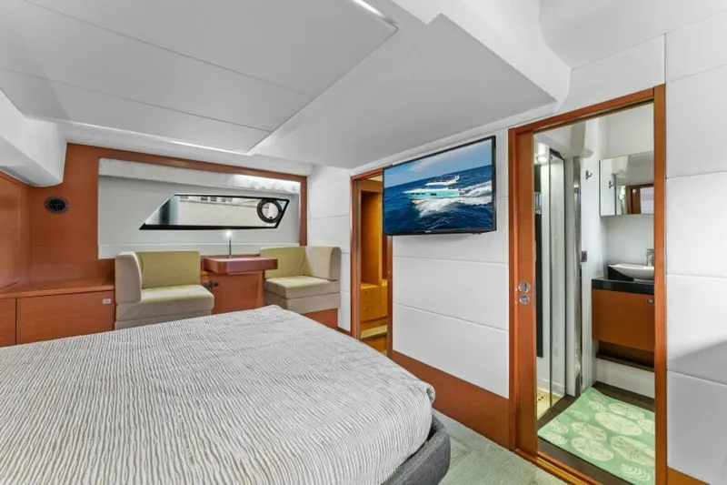 Never Enough Yacht Photos Pics Luxurious interior of 2013 Prestige 550 Flybridge yacht with modern furnishings.