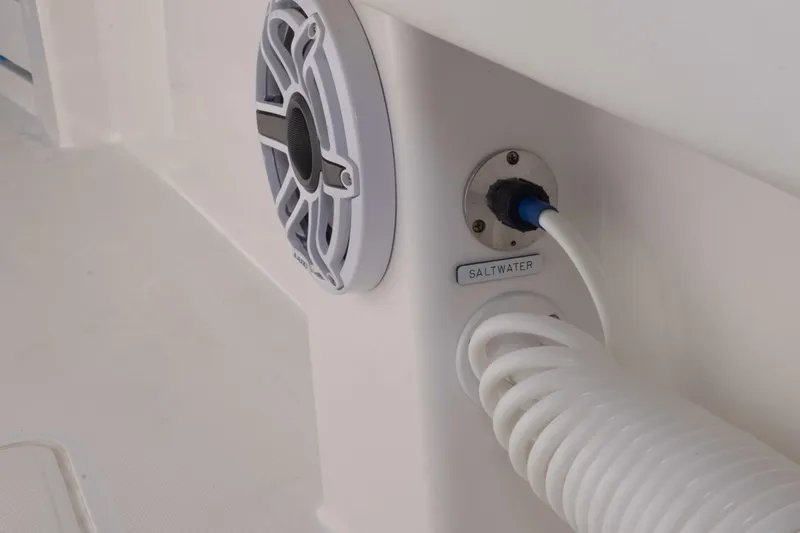  Yacht Photos Pics Saltwater hose and speaker on 2023 Invincible 35 Catamaran boat.
