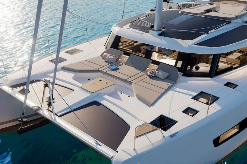  Yacht Photos Pics Luxurious 2026 Fountaine Pajot FP 48 yacht with spacious sun deck and modern design.