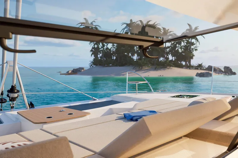  Yacht Photos Pics Luxurious Fountaine Pajot FP 48 yacht, 2026 model, overlooking tropical island scenery.