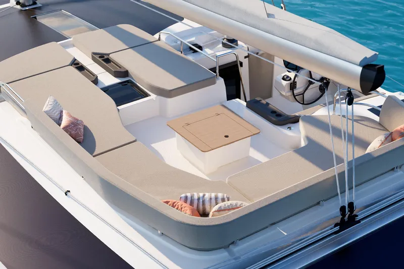  Yacht Photos Pics Luxurious 2026 Fountaine Pajot FP 48 yacht deck with comfortable seating and ocean view.