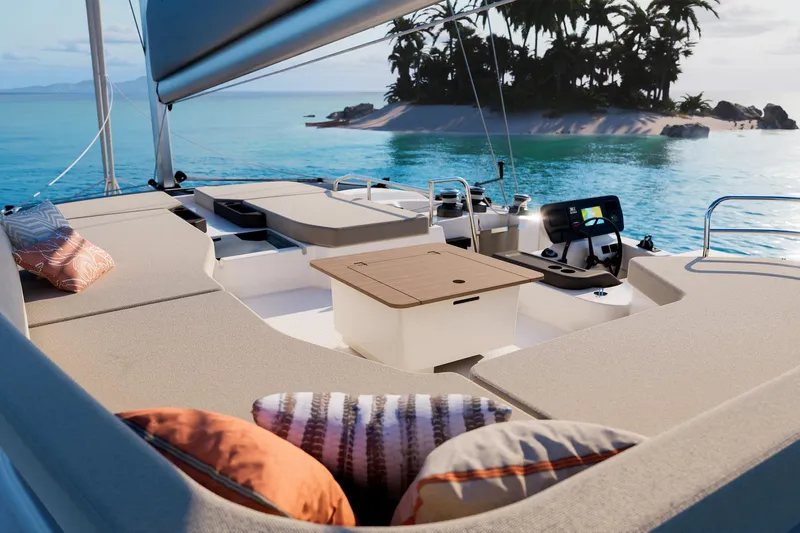  Yacht Photos Pics Luxurious 2026 Fountaine Pajot FP 48 yacht with elegant deck, tropical island view.