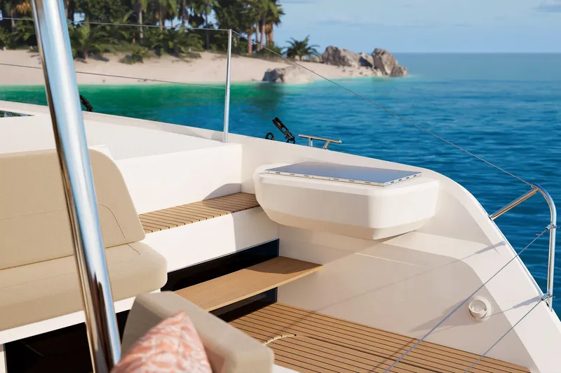  Yacht Photos Pics Luxurious 2026 Fountaine Pajot FP 48 yacht deck with ocean view and tropical island backdrop.