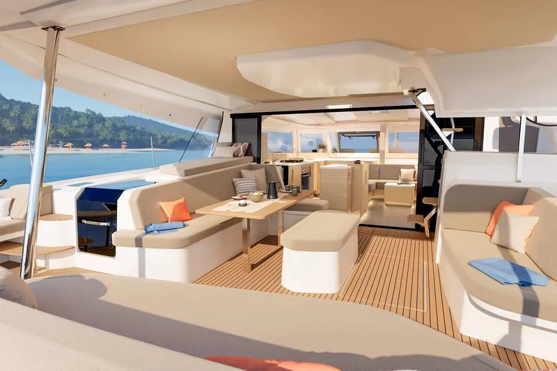  Yacht Photos Pics Luxurious 2026 Fountaine Pajot FP 48 yacht interior with elegant seating and ocean view.