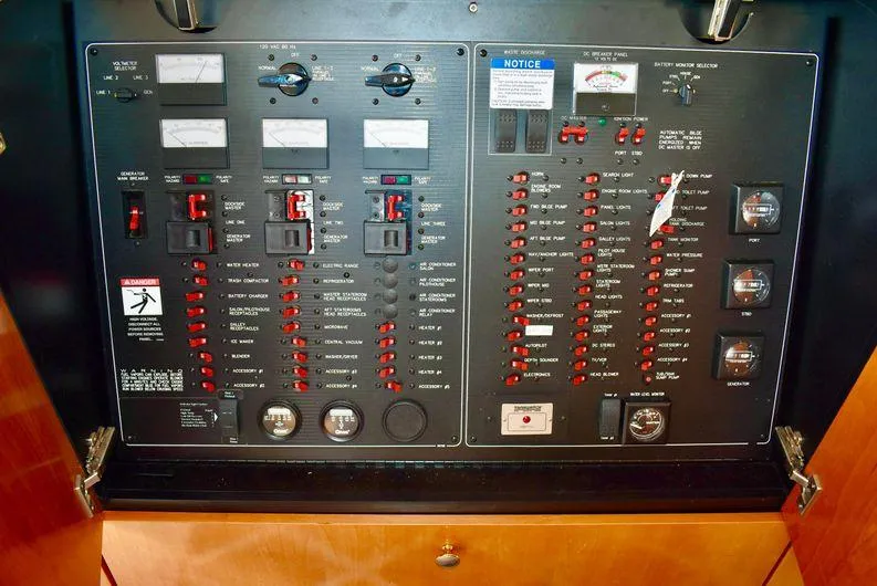 "magic" Yacht Photos Pics Electrical control panel of a 2004 Meridian 490 Pilothouse boat.