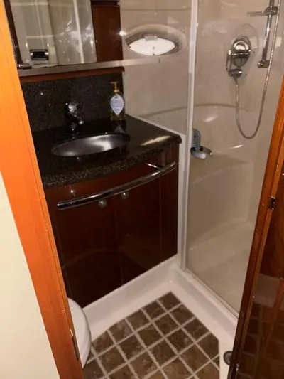 Daddy Cool Yacht Photos Pics 2008 Sea Ray 52 Sundancer bathroom with shower, sink, and wooden cabinetry.
