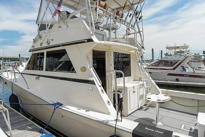 Impulse Yacht Photos Pics 1987 Viking Palm Beach yacht docked at marina, featuring upper deck and welcoming entrance.