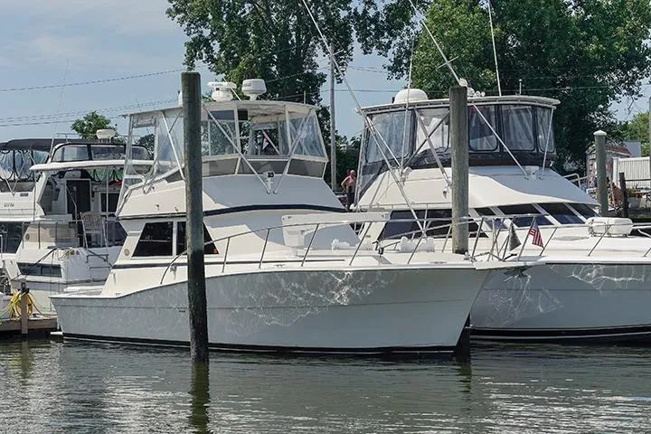 Impulse Yacht Photos Pics 1987 Viking Palm Beach yacht docked at marina, surrounded by other boats.