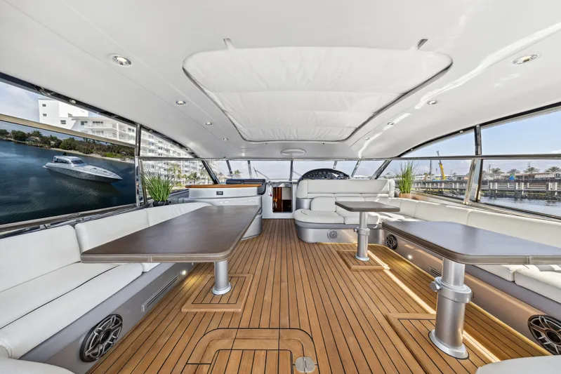 Alchemy Yacht Photos Pics Luxurious interior of 2003 Baia Panther 80 yacht with sleek design and wooden flooring.