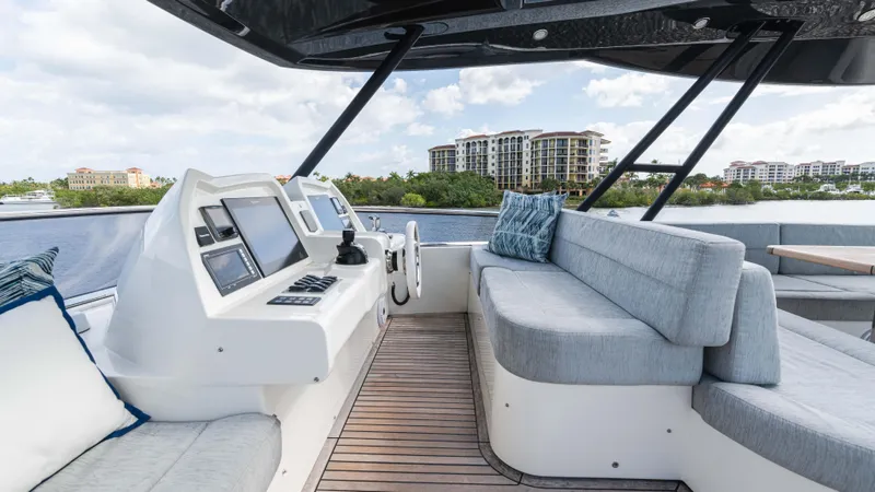 Nauti Style Yacht Photos Pics Luxurious 2016 Monte Carlo Yachts MCY 65 interior with modern helm and plush seating.