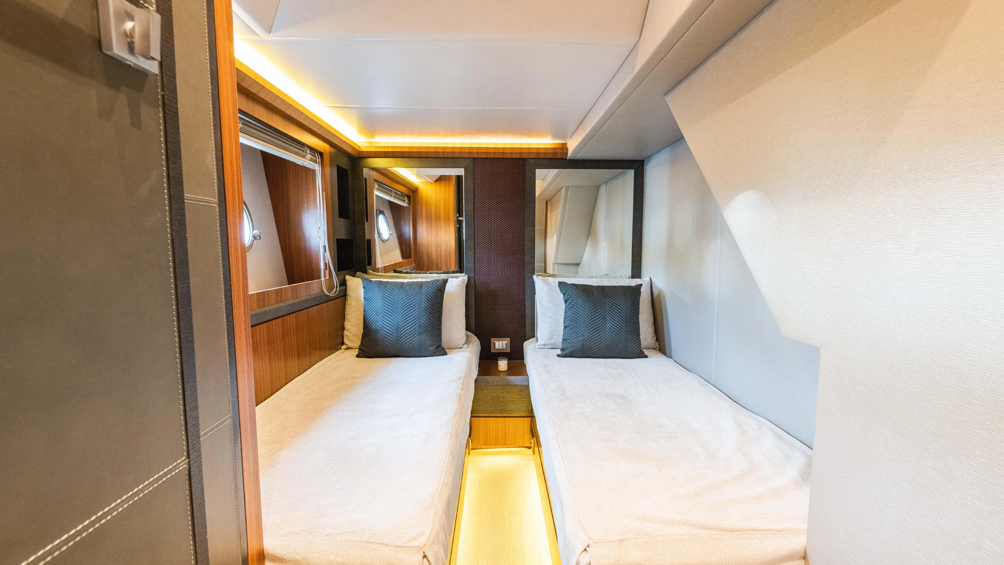 Nauti Style Yacht Photos Pics Luxurious twin cabin interior of 2016 Monte Carlo Yachts MCY 65 with modern design.