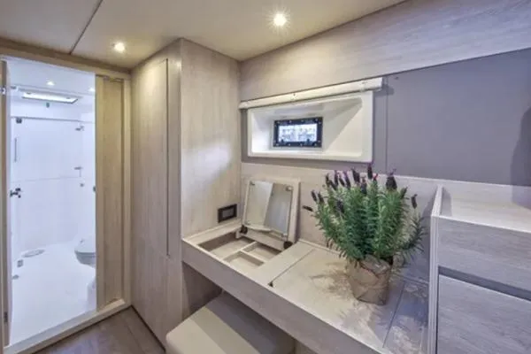 Andiamo Yacht Photos Pics Luxurious interior of 2020 Leopard 43 Powercat with vanity and potted plant.