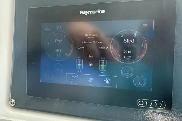 Andiamo Yacht Photos Pics Raymarine display on 2020 Leopard 43 Powercat showing engine RPM and voltage.