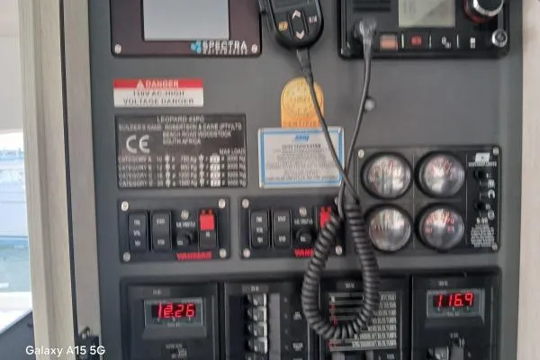 Andiamo Yacht Photos Pics Control panel of a 2020 Leopard 43 Powercat with gauges and switches.