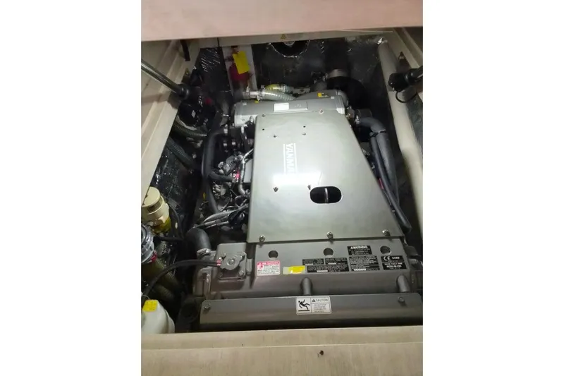Andiamo Yacht Photos Pics Engine compartment of a 2020 Leopard 43 Powercat, featuring a Yamaha engine.