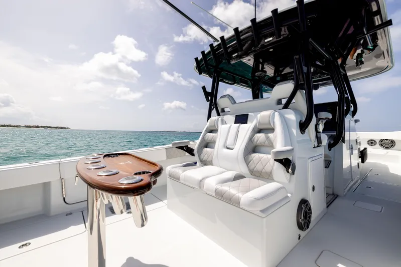  Yacht Photos Pics Luxury seating on a 2022 Freeman 37 VH boat with ocean view.