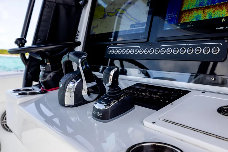  Yacht Photos Pics Control panel of 2022 Freeman 37 VH boat with advanced navigation and steering systems.
