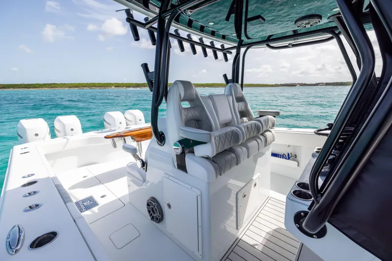  Yacht Photos Pics 2022 Freeman 37 VH boat interior with luxurious seating and ocean view.