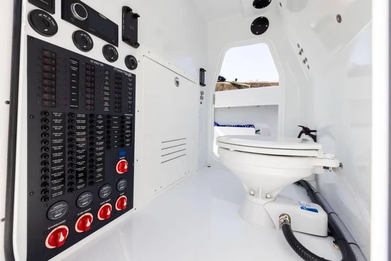  Yacht Photos Pics Freeman 37 VH 2022 boat interior with control panel and toilet.