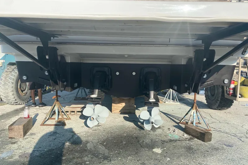 “amor Fati” Yacht Photos Pics Rear view of 2014 Beneteau Gran Turismo 44 boat on stands, showing dual propellers.