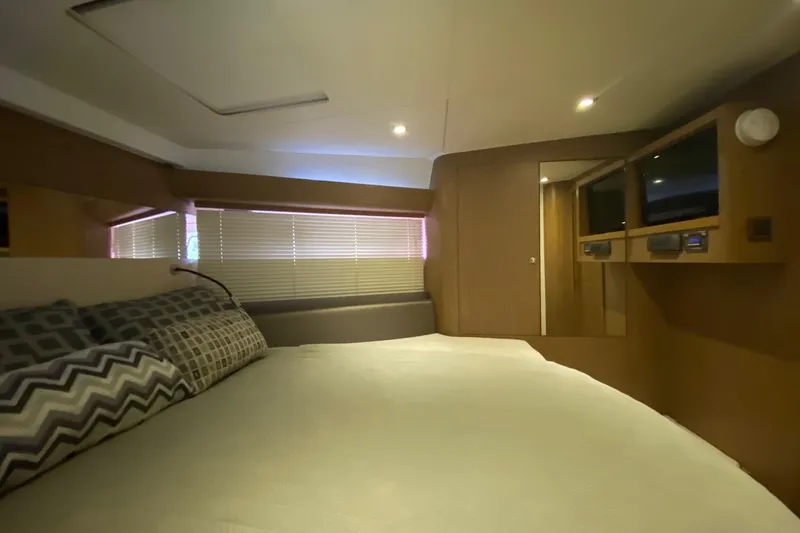 “amor Fati” Yacht Photos Pics Luxurious cabin interior of 2014 Beneteau Gran Turismo 44 yacht with cozy bedding.