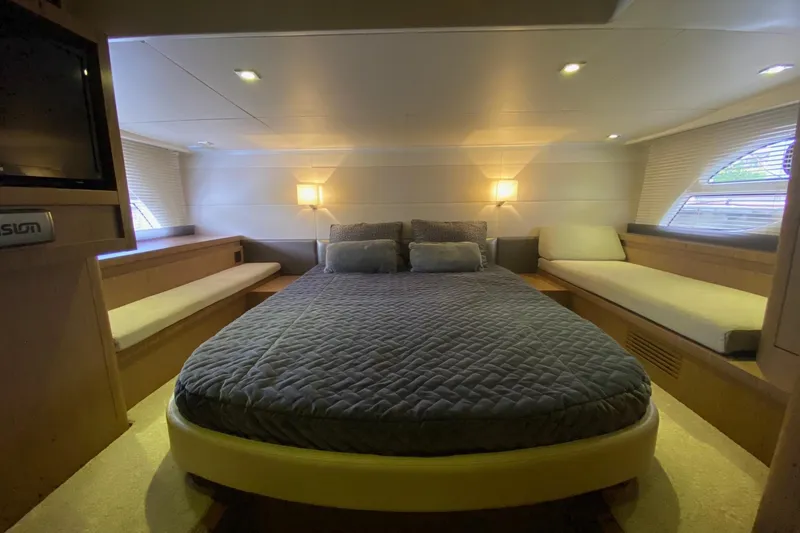 “amor Fati” Yacht Photos Pics Luxurious cabin interior of 2014 Beneteau Gran Turismo 44 yacht with cozy bedding.