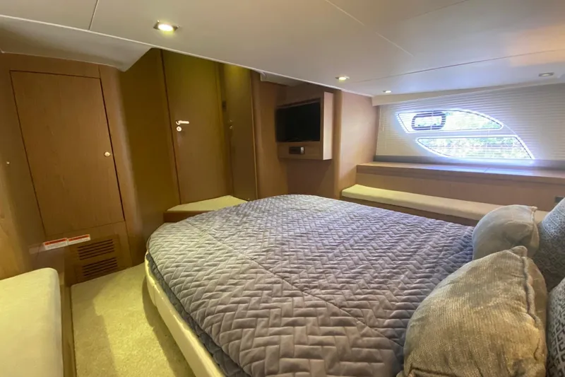 “amor Fati” Yacht Photos Pics Luxurious cabin interior of 2014 Beneteau Gran Turismo 44 yacht with cozy bedding.