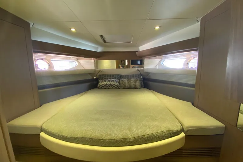 “amor Fati” Yacht Photos Pics Luxurious cabin interior of 2014 Beneteau Gran Turismo 44 yacht with cozy bedding.