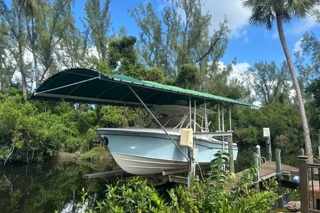  Yacht Photos Pics 2019 Grady-White Freedom 285 boat docked under a canopy, surrounded by lush greenery.