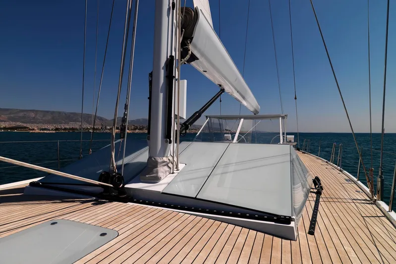 Polytropon II Yacht Photos Pics Luxurious 2008 Nautor Swan 82 yacht deck with sleek design and ocean view.