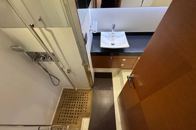  Yacht Photos Pics Modern bathroom in 2013 Prestige 500 yacht with shower and sleek sink design.