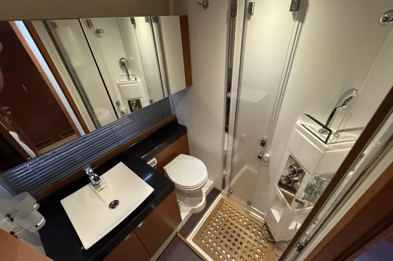  Yacht Photos Pics Luxurious 2013 Prestige 500 yacht bathroom with modern fixtures and elegant design.