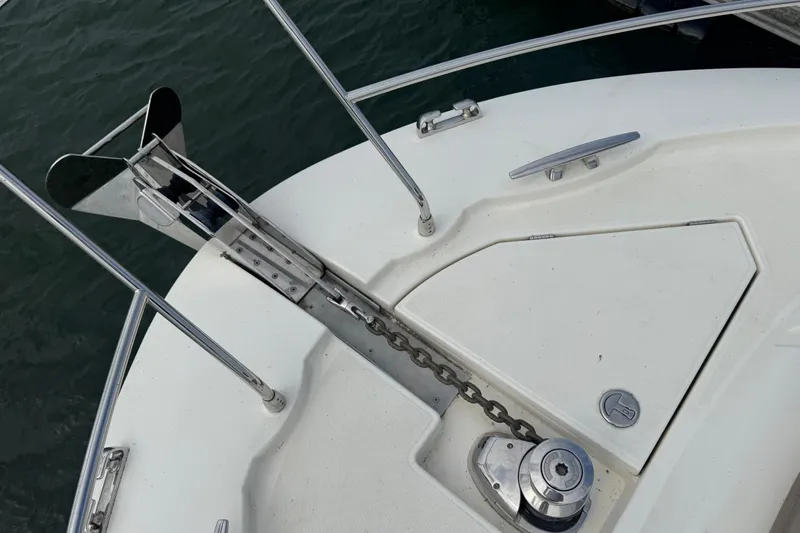  Yacht Photos Pics Bow of 2013 Prestige 500 yacht with anchor and chain mechanism.