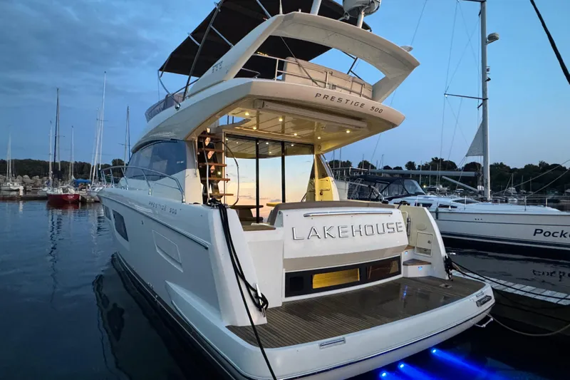  Yacht Photos Pics Luxury 2013 Prestige 500 yacht docked at marina during sunset.