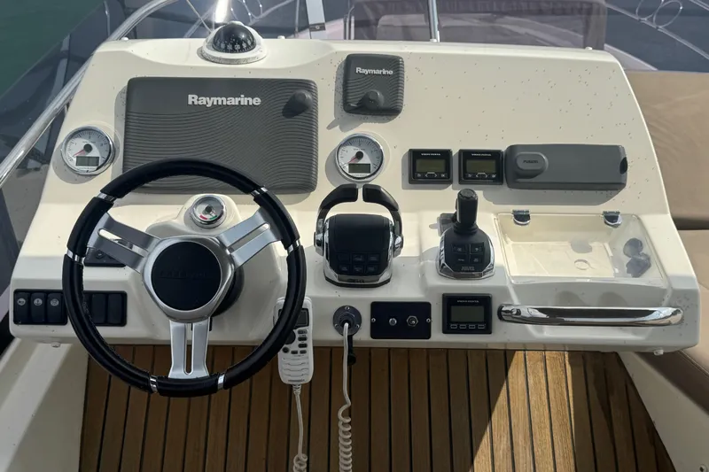  Yacht Photos Pics Control panel of a 2013 Prestige 500 yacht with Raymarine navigation equipment.
