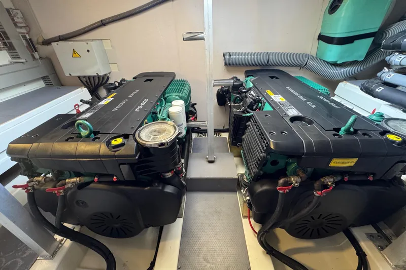  Yacht Photos Pics Engine room of a 2013 Prestige 500 yacht with twin Volvo Penta engines.